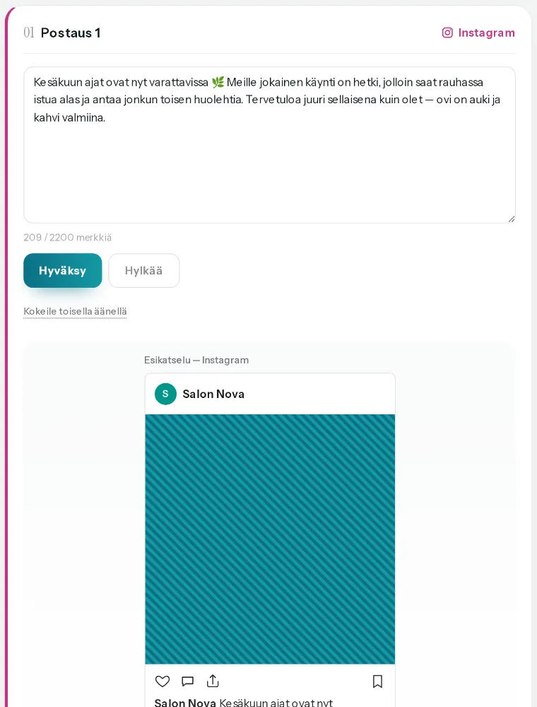 Postion luonnosnäkymä: valmis Instagram-postaus tekstikenttänä ja esikatseluna, Hyväksy- ja Hylkää-painikkeet vierellä.